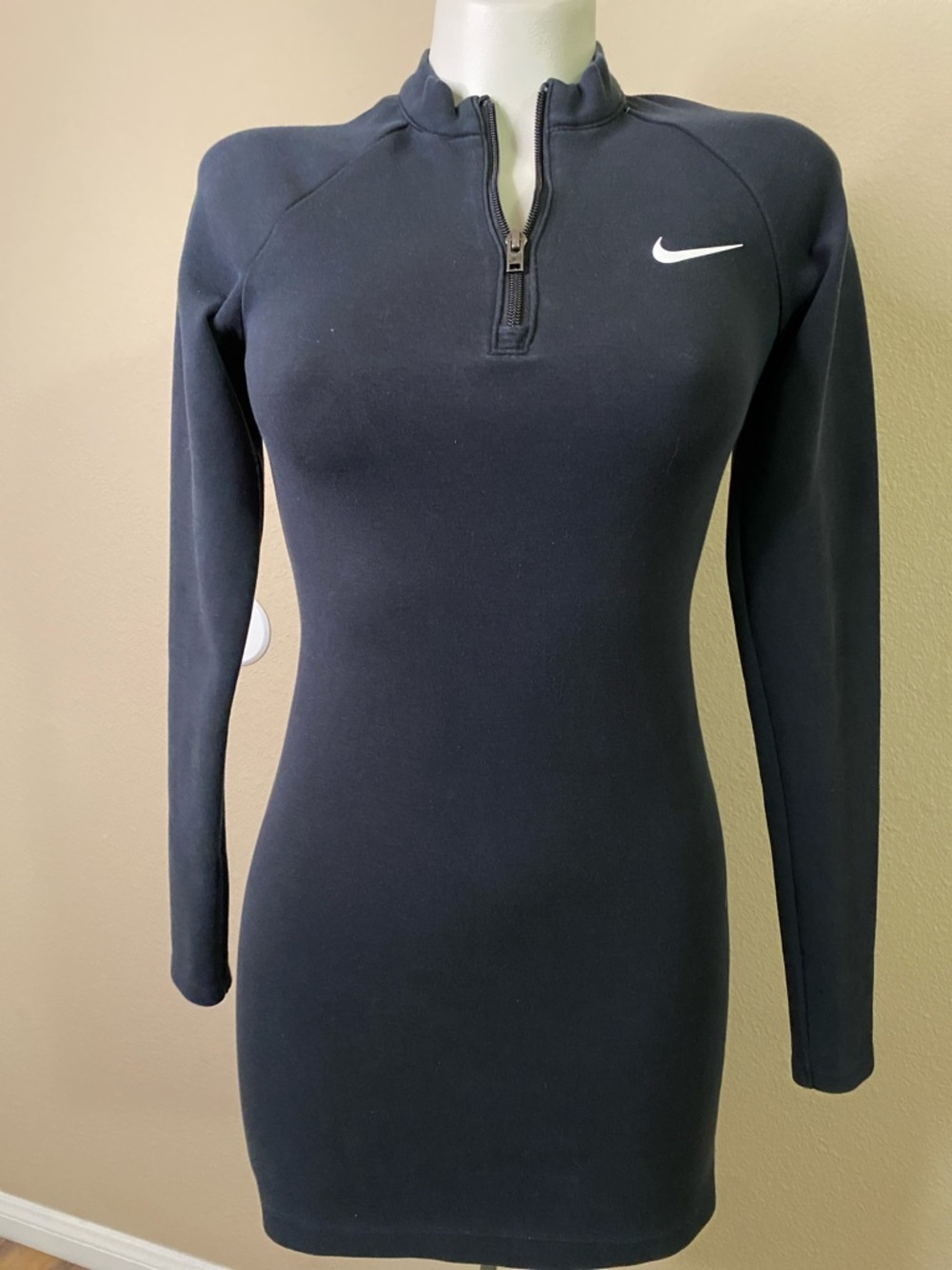 Nike Black Long-Sleeve Quarter Zip Bodycon Dress with White Swoosh XS